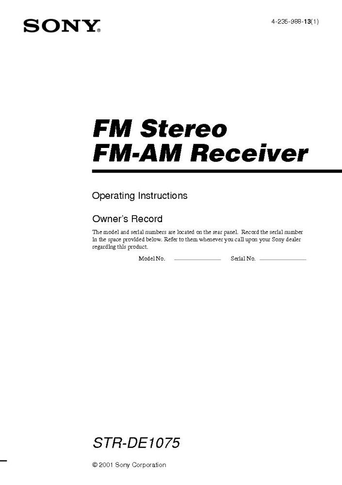 Sony STR-DE1075 Amplifier Receiver Owners Instruction Manual