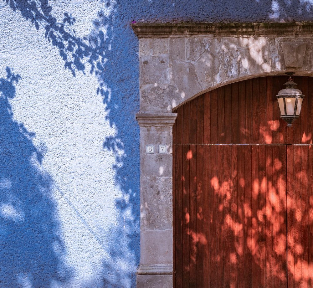 Paint By Numbers | Brown Wooden Door On Blue And White Wall