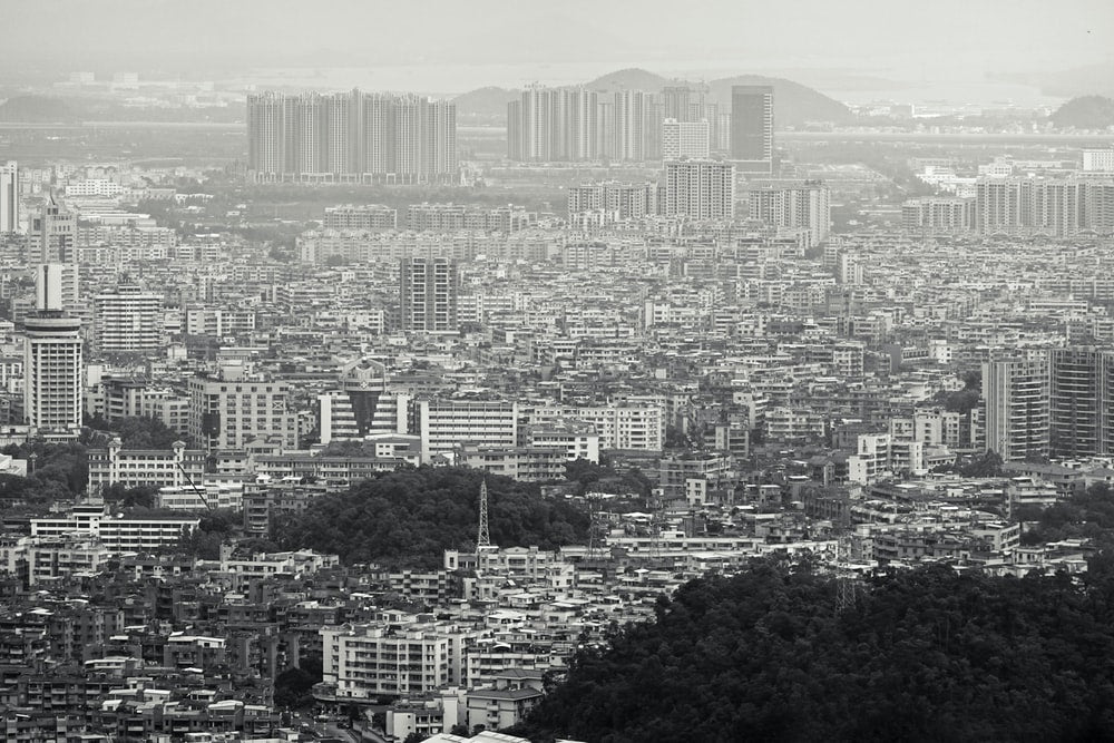 Paint By Numbers | Jiangmen - Aerial View Of City Grayscale Photo