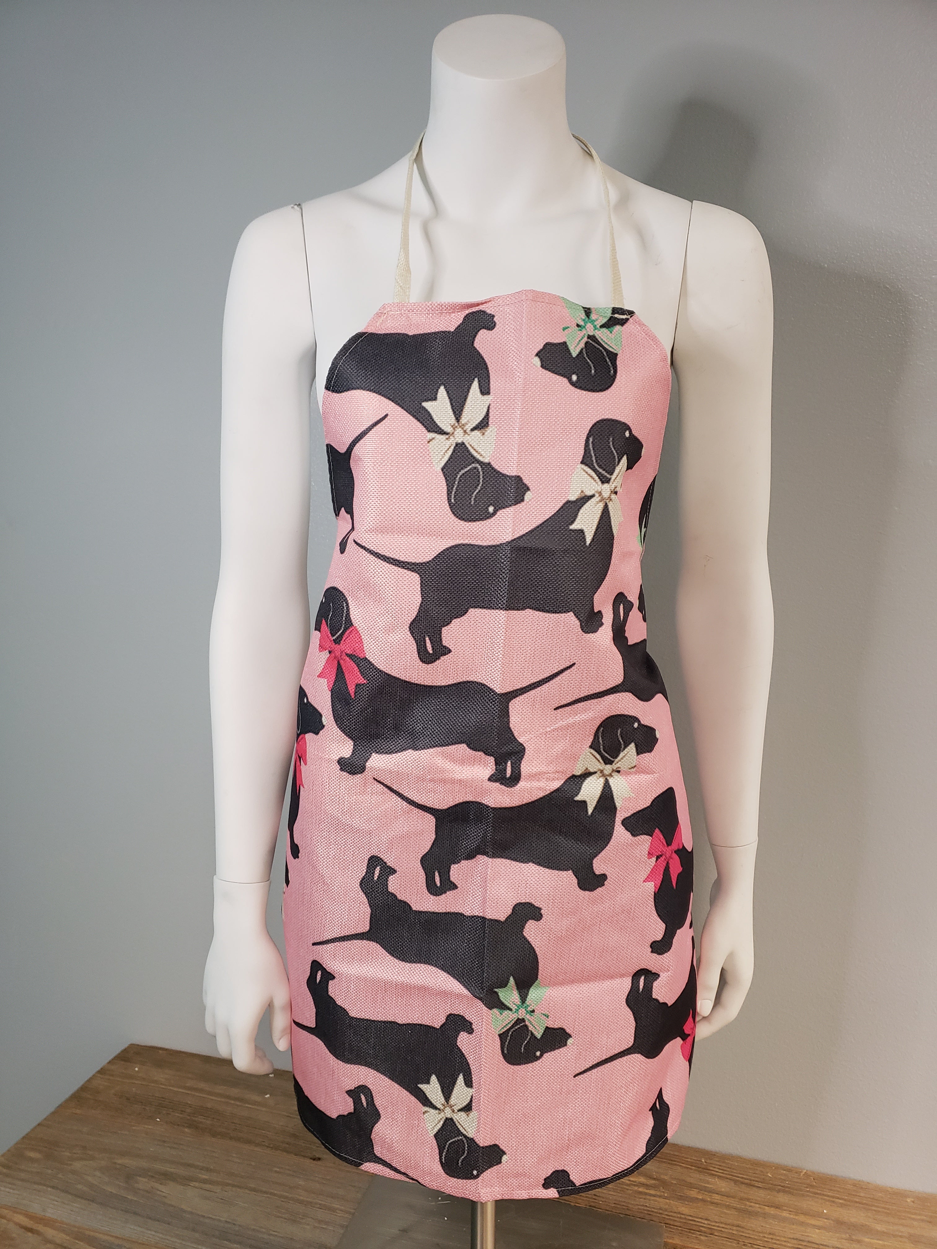 Pink Dachshund Dog Apron, Black Doxies with Teal Bows