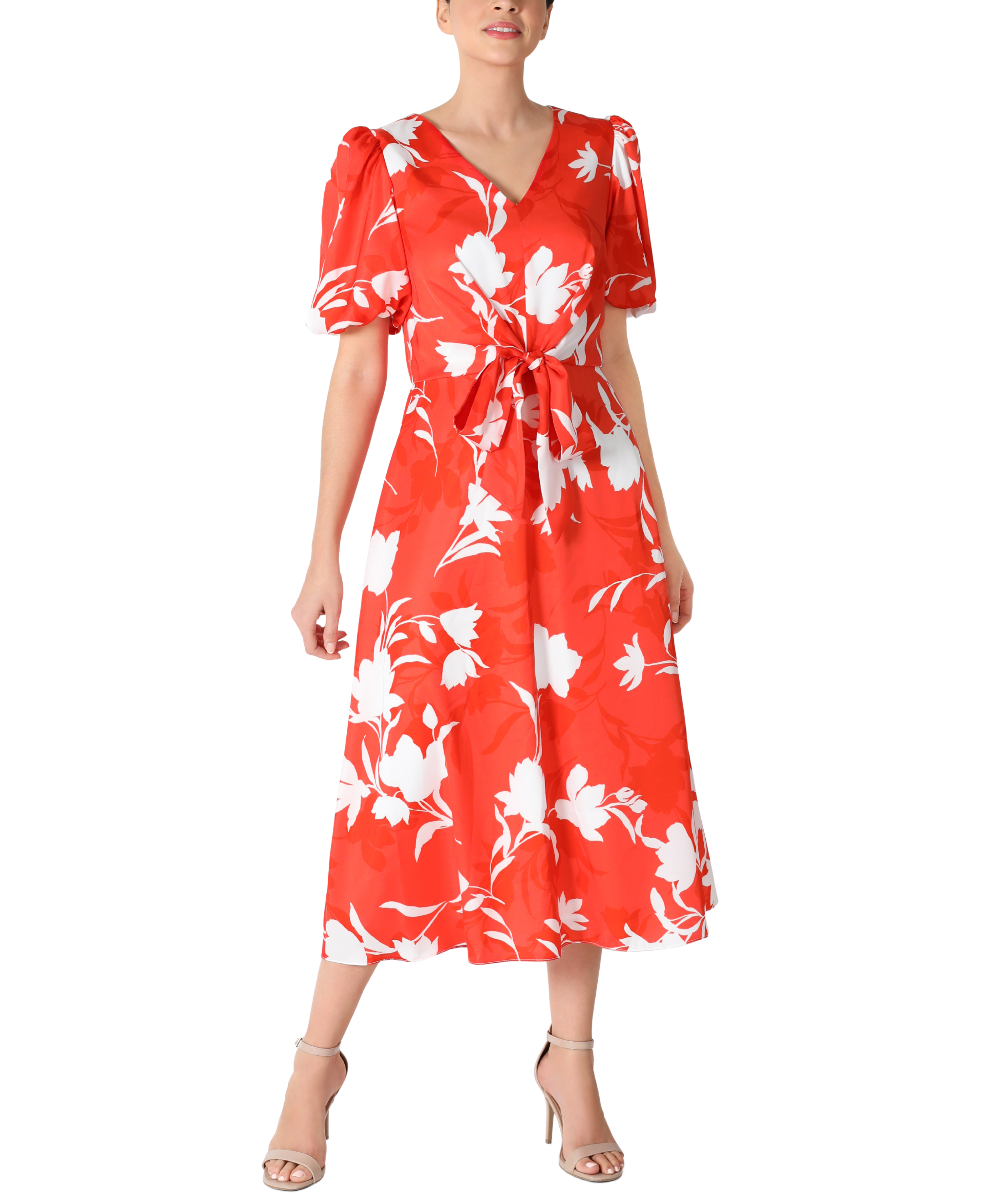 Balloon Sleeve Tie Front Midi