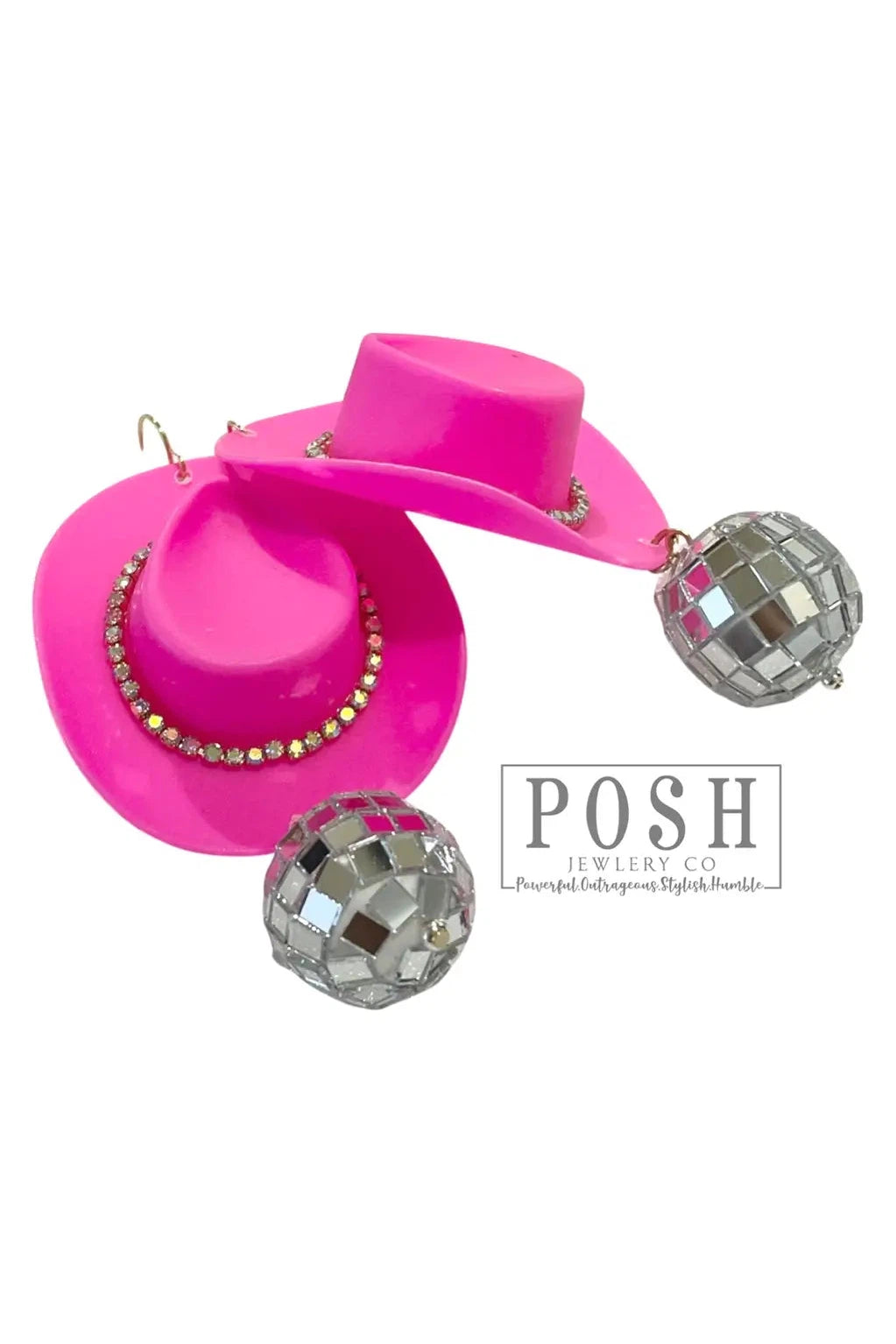 Posh Jewelry Co. Rhinestone Rimmed Cowboy Hat Disco Ball Earring