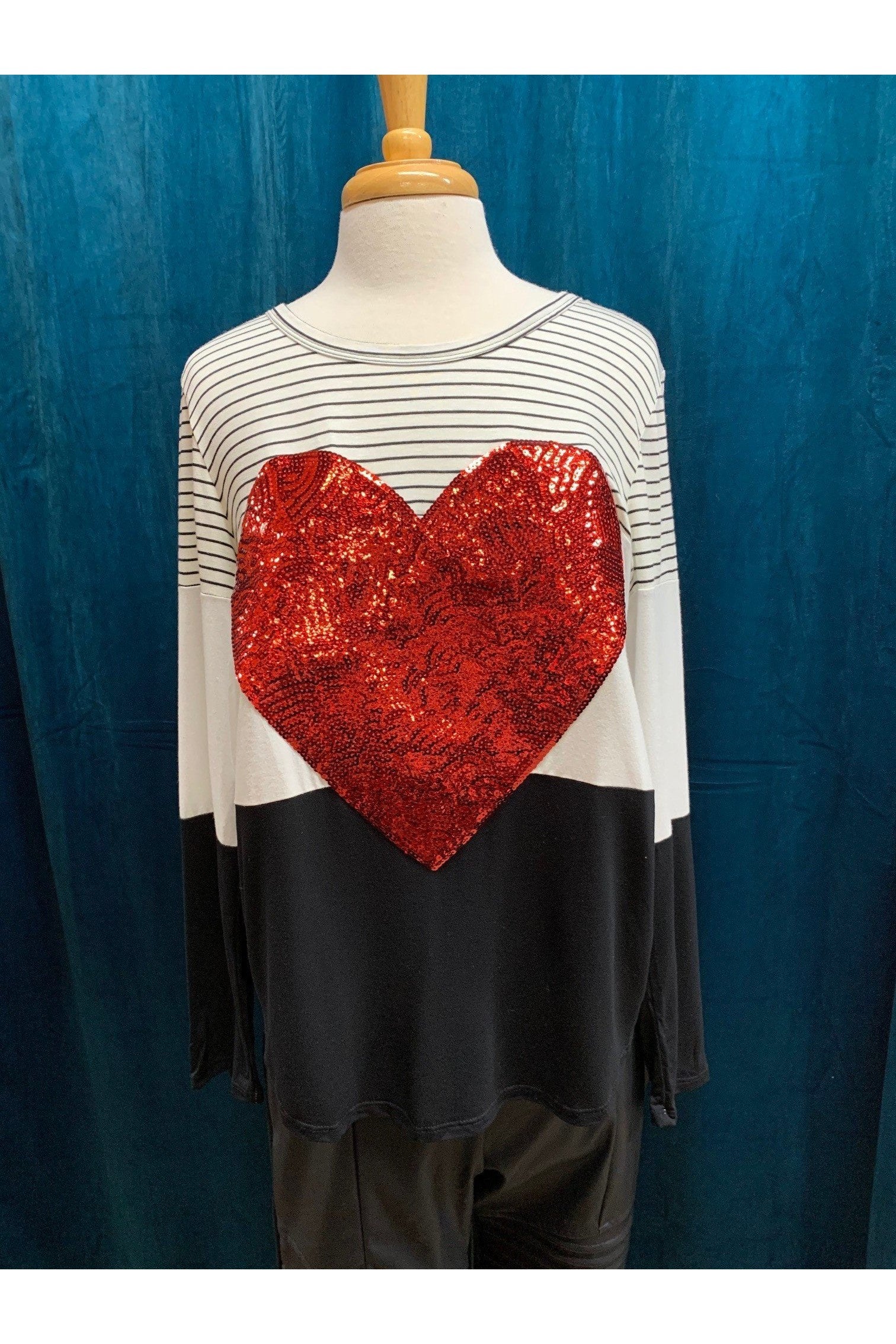 7th Ray Black And White Stripe Sequin Red Heart Top