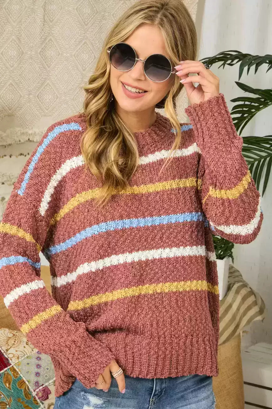 Adora Stripe Textured Crew Neck Sweater