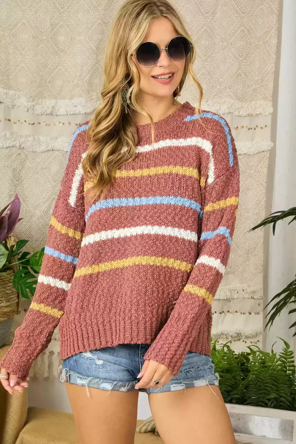 Adora Stripe Textured Crew Neck Sweater