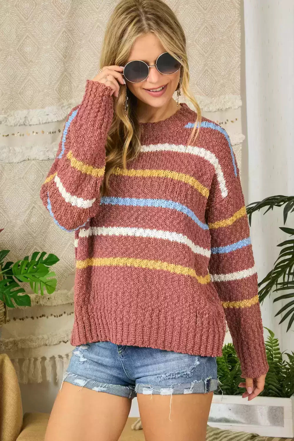 Adora Stripe Textured Crew Neck Sweater