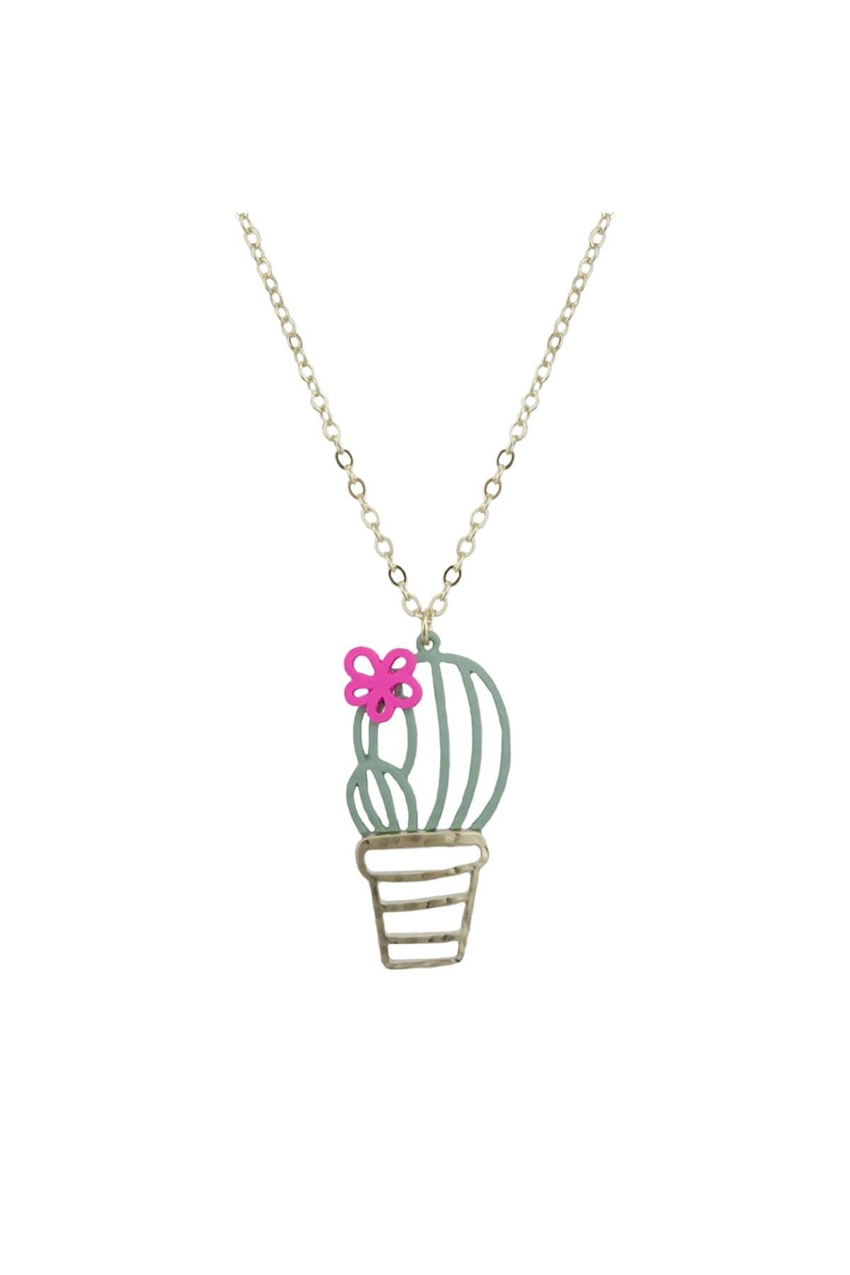 Crystal Avenue Metal Link Chain Necklace With Cactus In A Pot Pendant