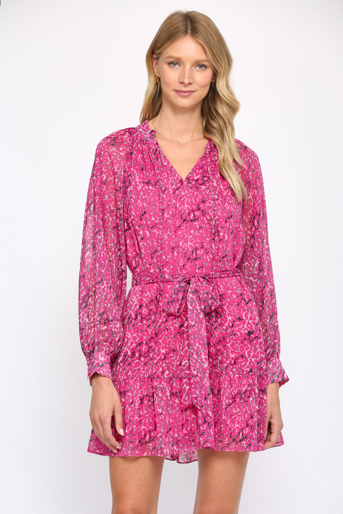 Fate Animal Print With Lurex Chiffon Tie Waist Dress In Hot Pink