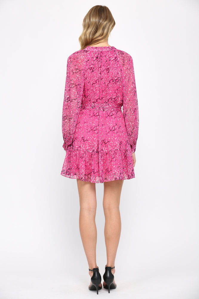 Fate Animal Print With Lurex Chiffon Tie Waist Dress In Hot Pink