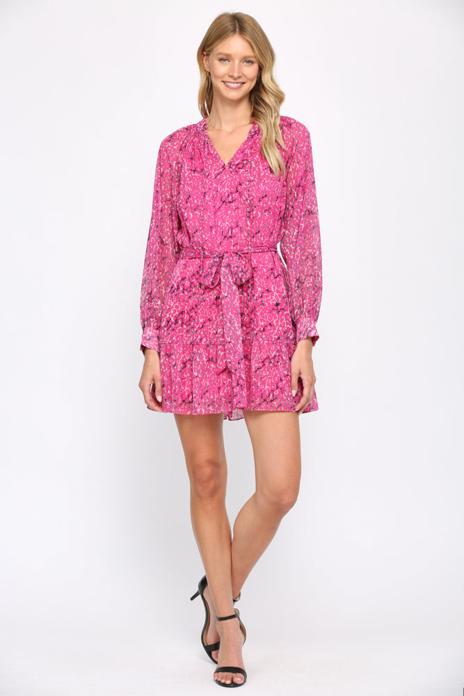 Fate Animal Print With Lurex Chiffon Tie Waist Dress In Hot Pink