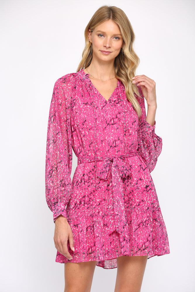 Fate Animal Print With Lurex Chiffon Tie Waist Dress In Hot Pink