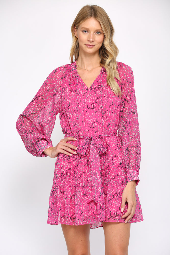 Fate Animal Print With Lurex Chiffon Tie Waist Dress In Hot Pink