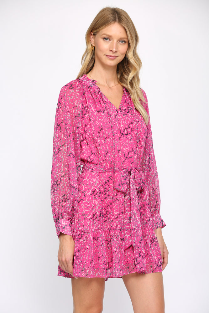 Fate Animal Print With Lurex Chiffon Tie Waist Dress In Hot Pink