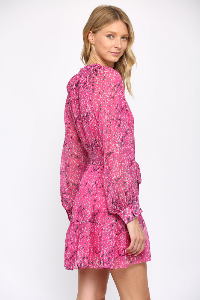 Fate Animal Print With Lurex Chiffon Tie Waist Dress In Hot Pink