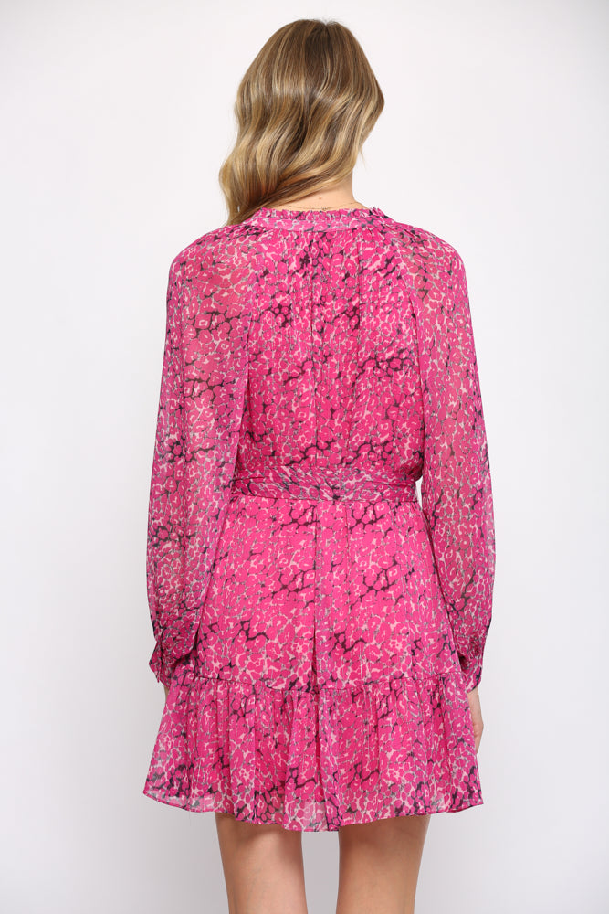 Fate Animal Print With Lurex Chiffon Tie Waist Dress In Hot Pink