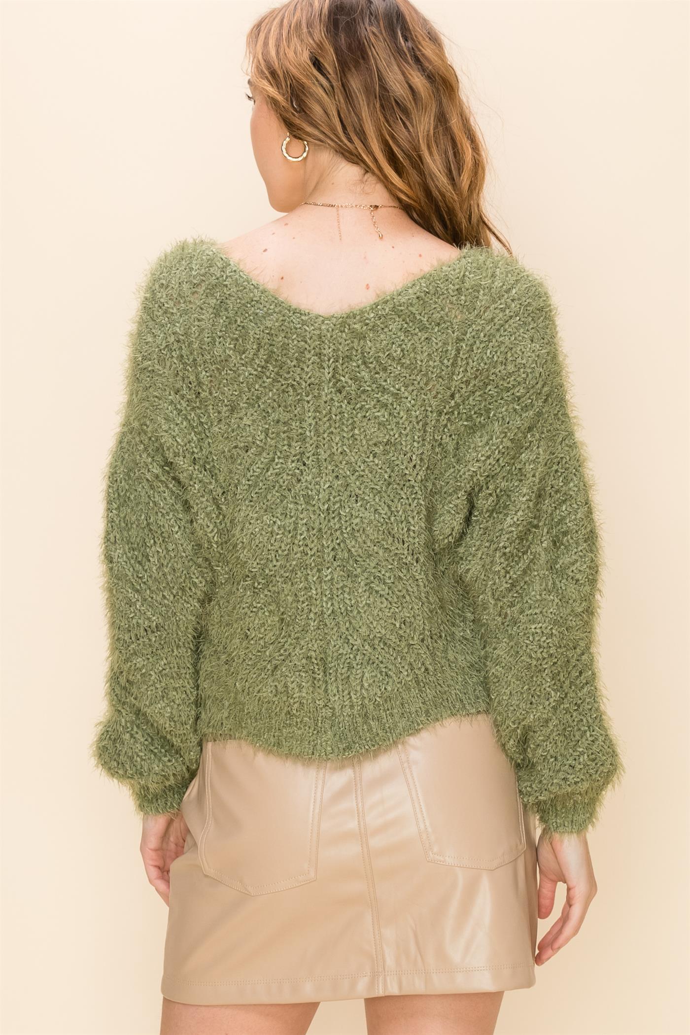 Hyfve Furry Crop V Neck  Sweaters In Olive Or Rose