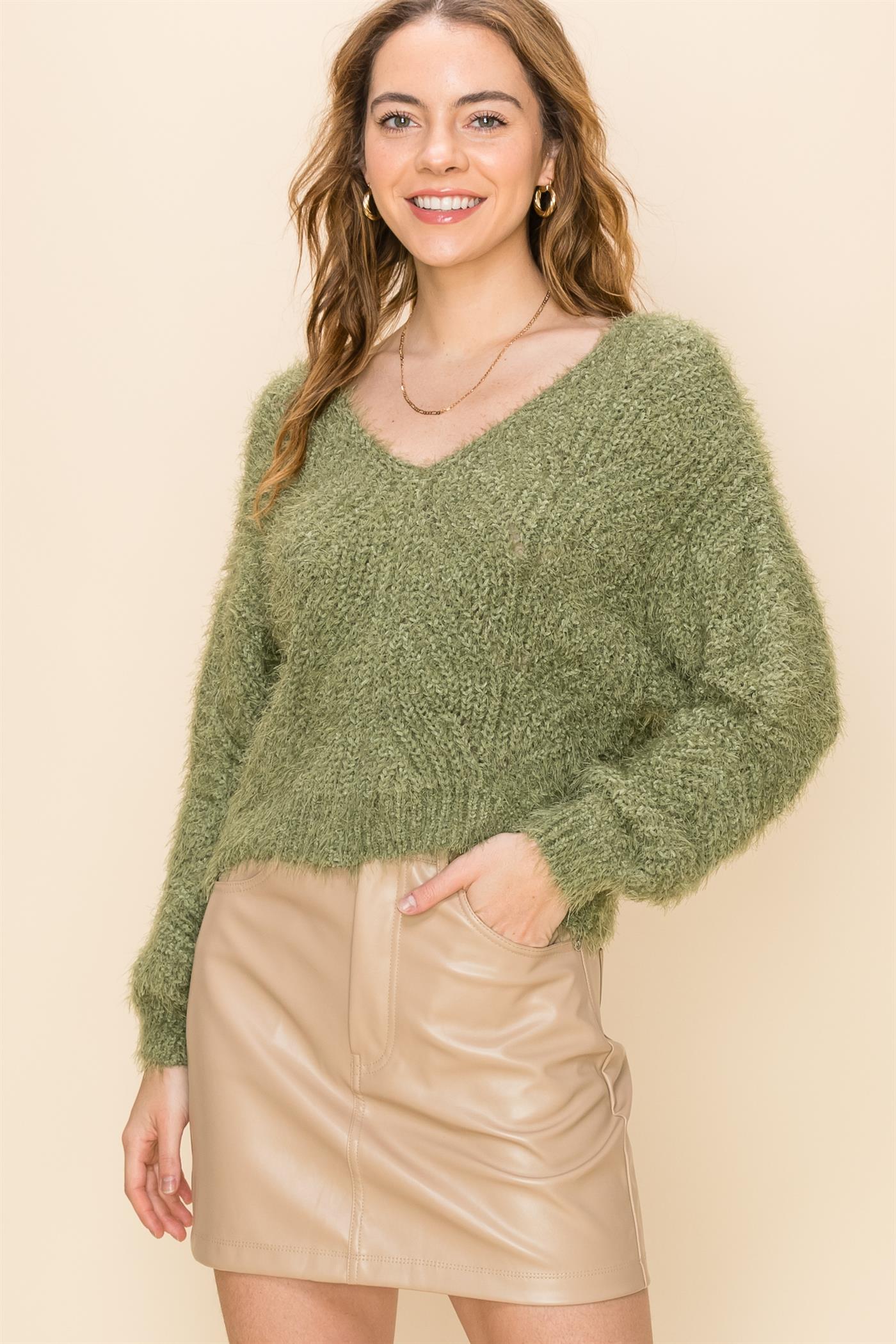 Hyfve Furry Crop V Neck  Sweaters In Olive Or Rose