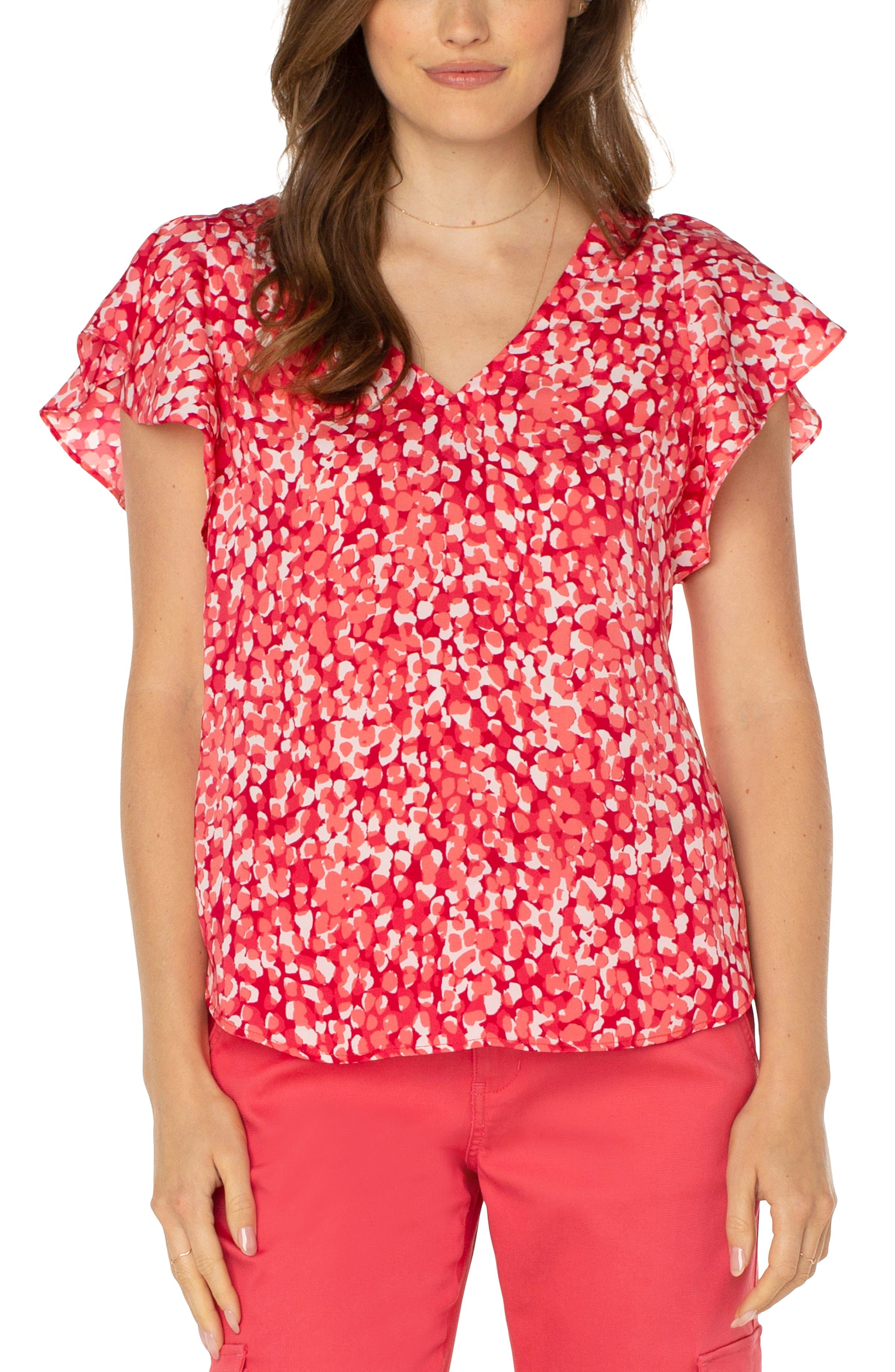 Liverpool Double V Neck Flutter Sleeve Top In Watermelon Sugar Drop