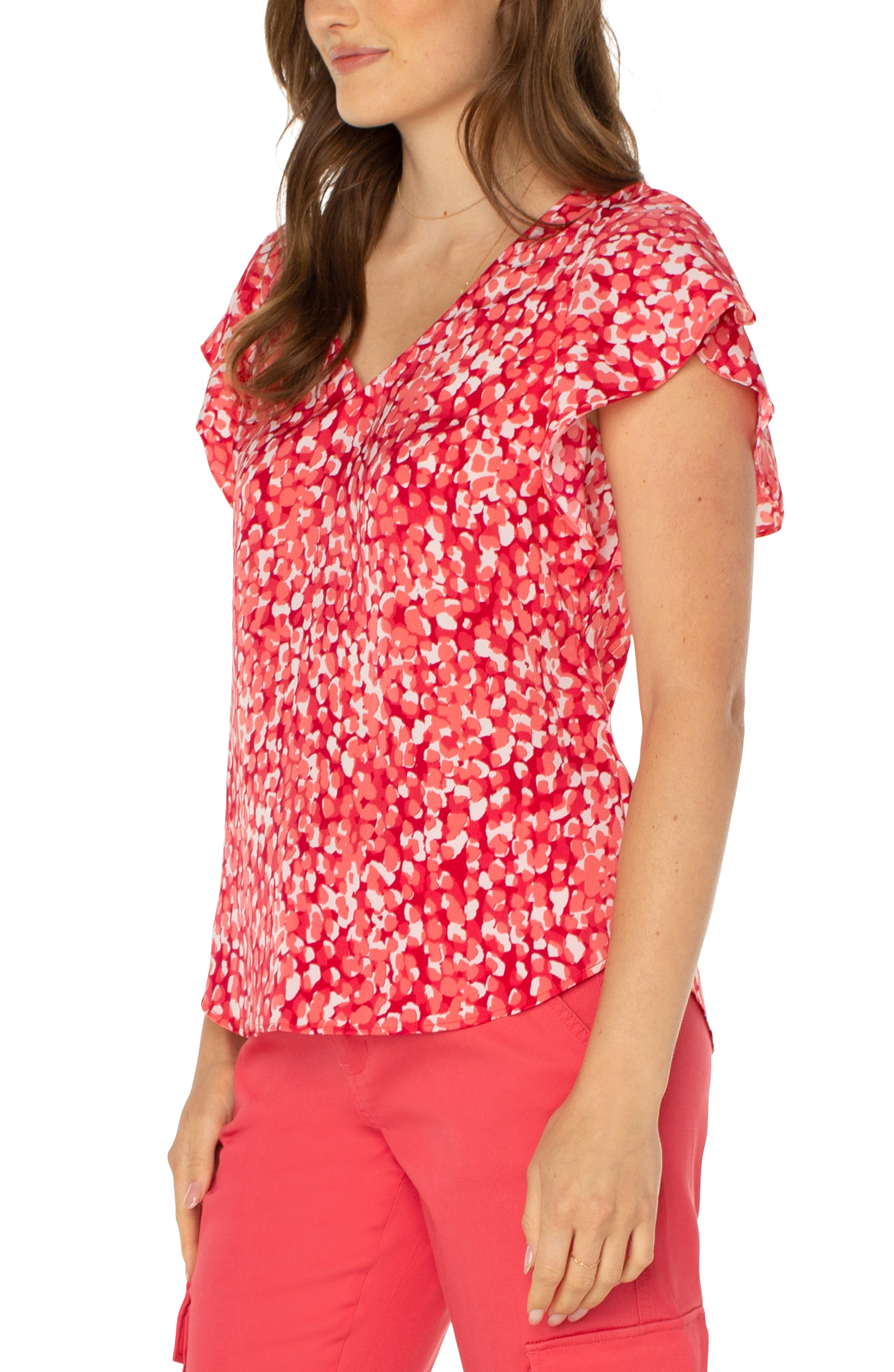 Liverpool Double V Neck Flutter Sleeve Top In Watermelon Sugar Drop