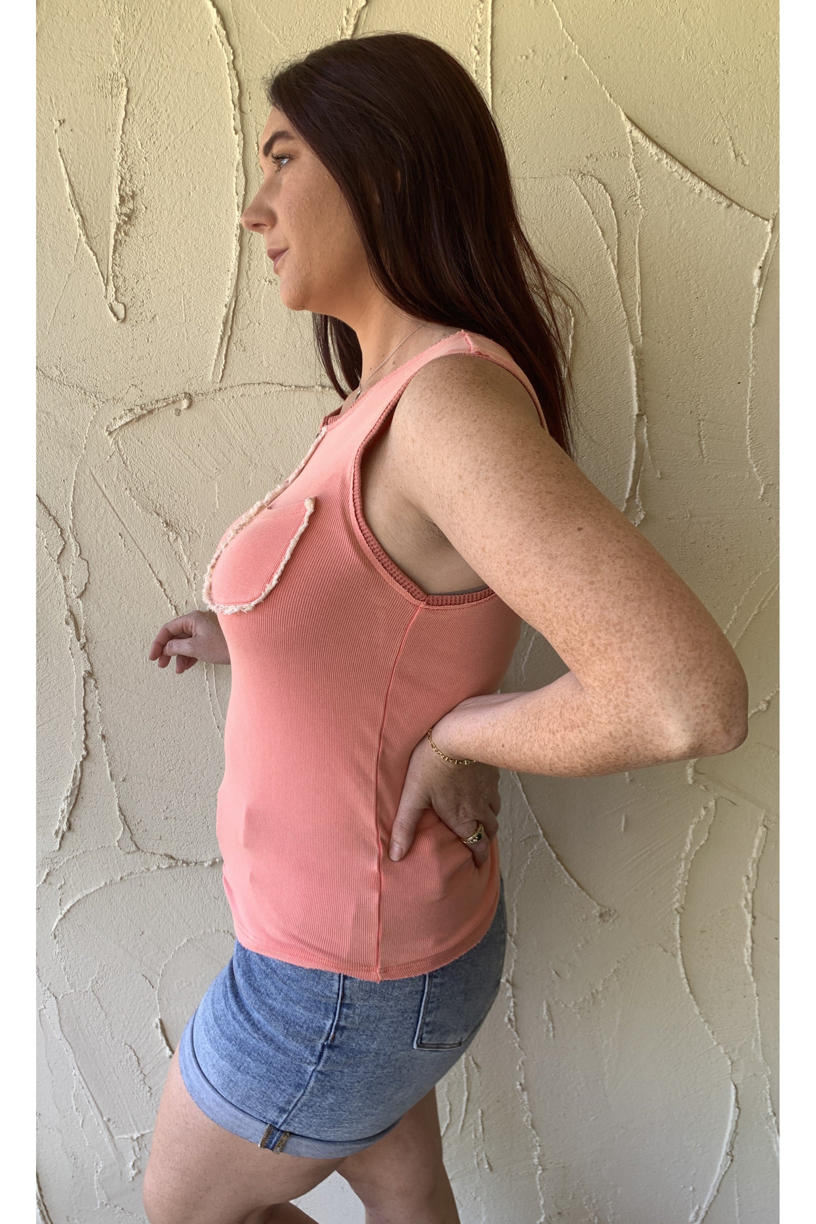 POL Watermelon Pink Button Front Tank With Lace Detail