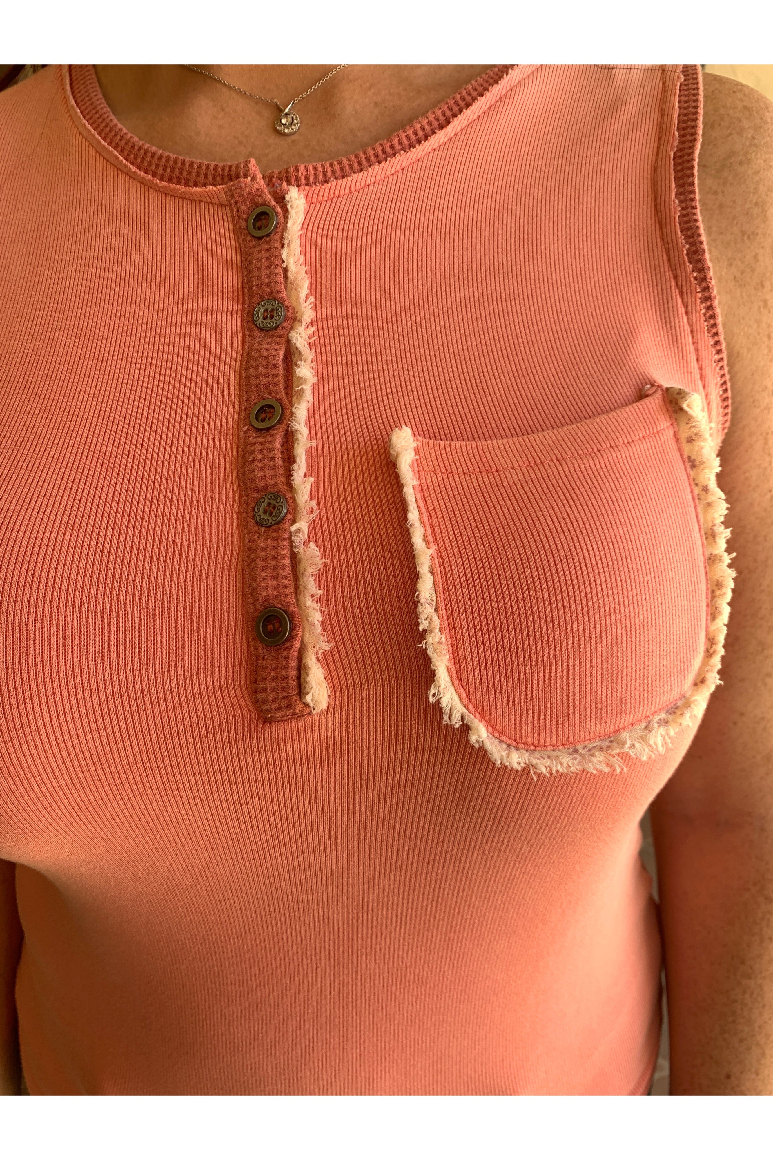 POL Watermelon Pink Button Front Tank With Lace Detail