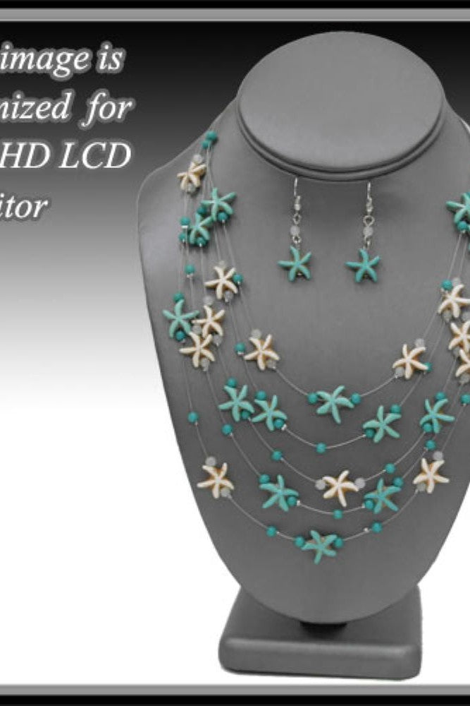 Starfish Layered Charms Necklace In Turquoise And Sand With Matching Earring