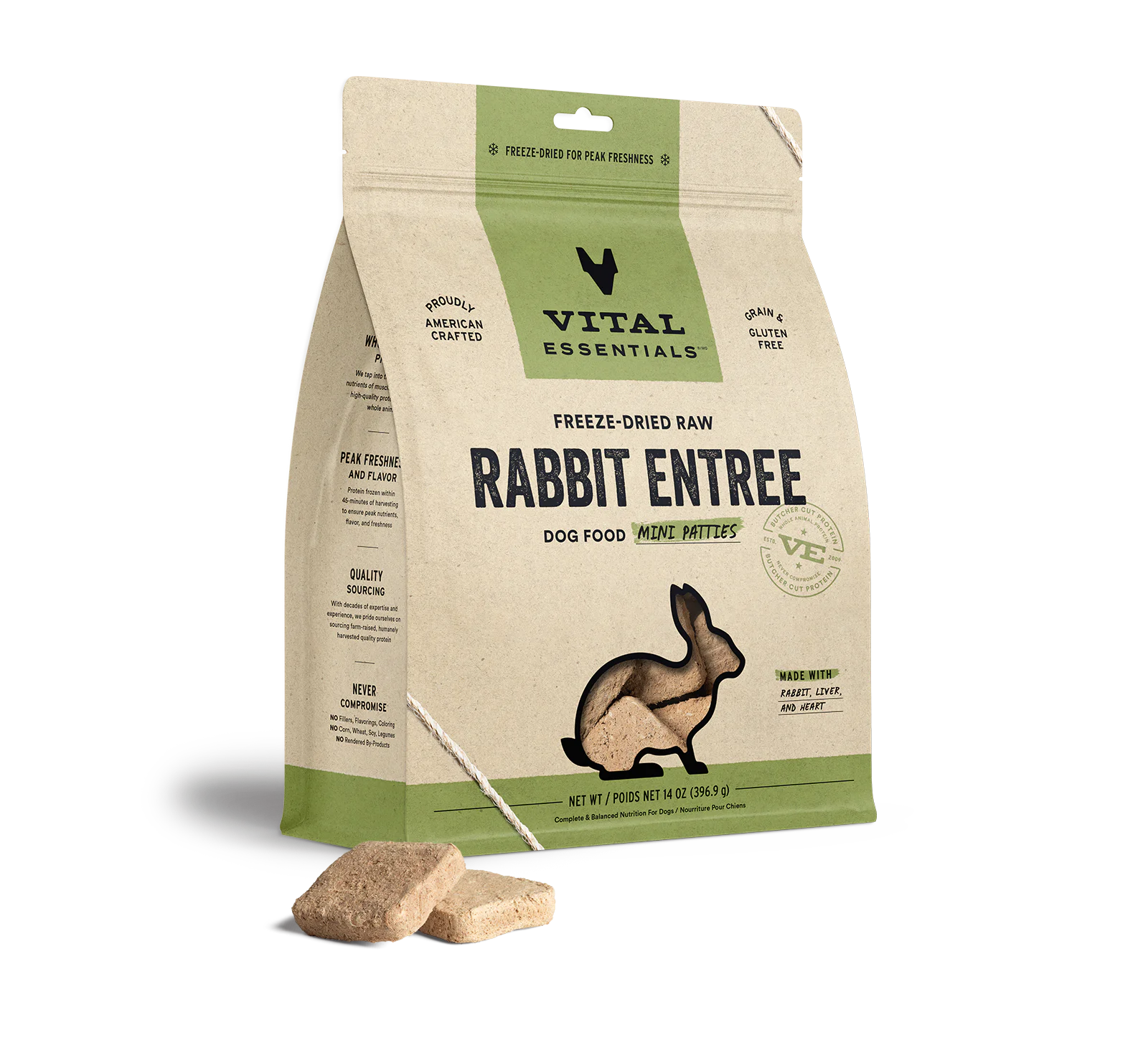 Vital Essentials Mini Rabbit Patties Freeze-Dried Raw Dog Food, 14-oz Bag