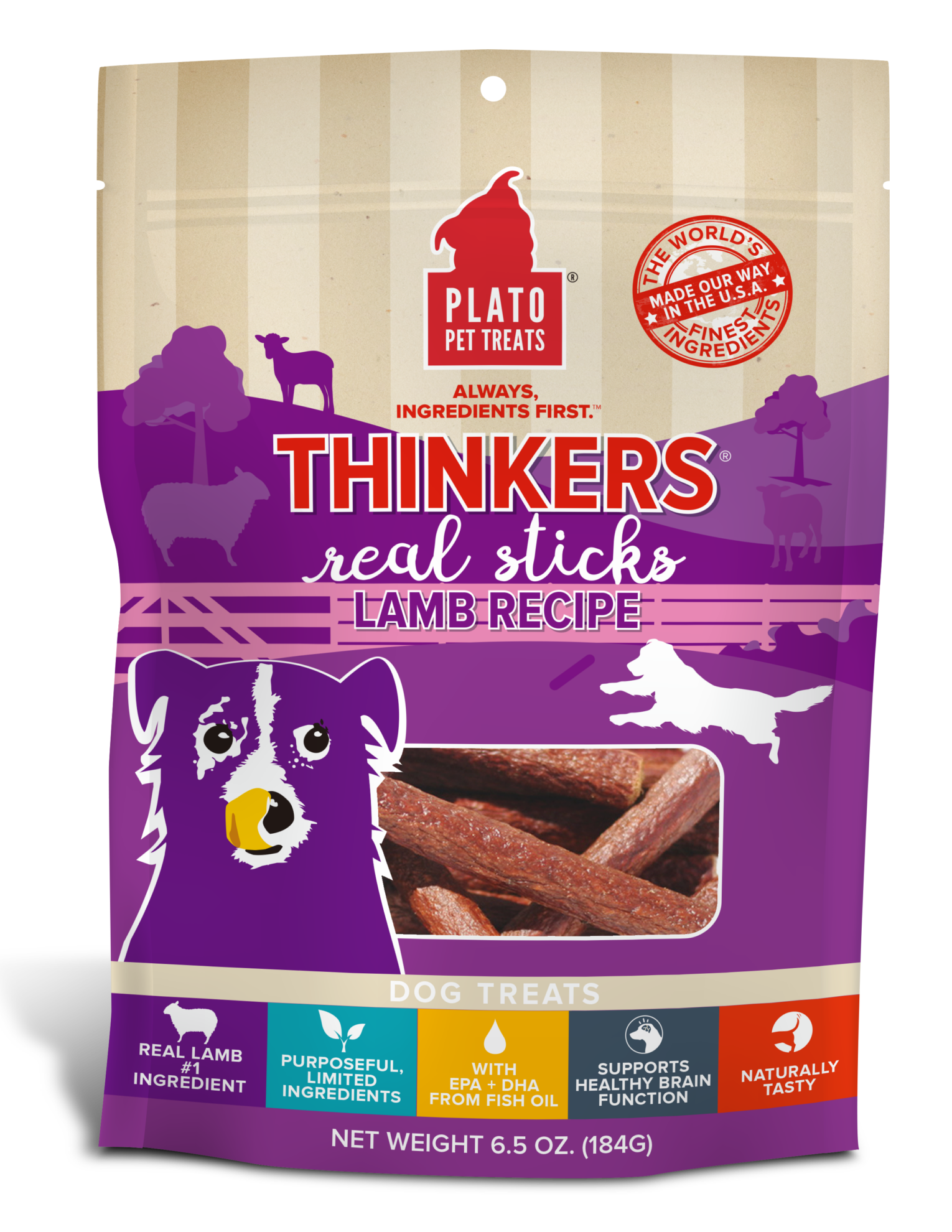 Plato Thinkers Meat Stick Dog Treats, Lamb Recipe