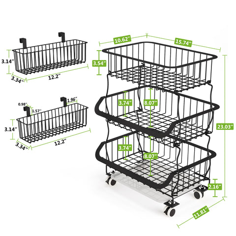 1Easylife Fruit Basket, Rolling Stackable Metal Wire Basket Cart with 2  Free Baskets5-Tier / Silver