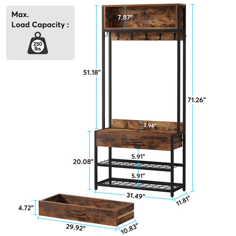 Size chart image for Tribesigns's Industrial Coat Rack Shoe Bench, Entryway Hall Tree with Drawer & Hooks.