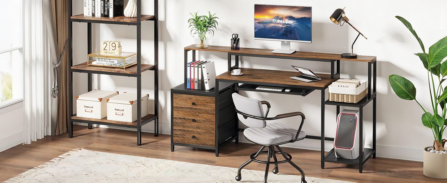 Tribesigns Computer Desk with 5 Drawers, Home Office Desks with Reversible  Drawer Cabinet Printer Stand, Industrial PC Desk with Storage, Rustic Study
