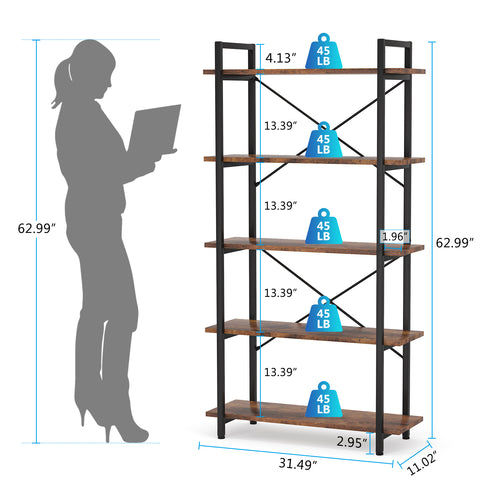 Tribesigns Brown 5-Tier Bookshelf size 11.02"D x 31.49"W x 62.99"H