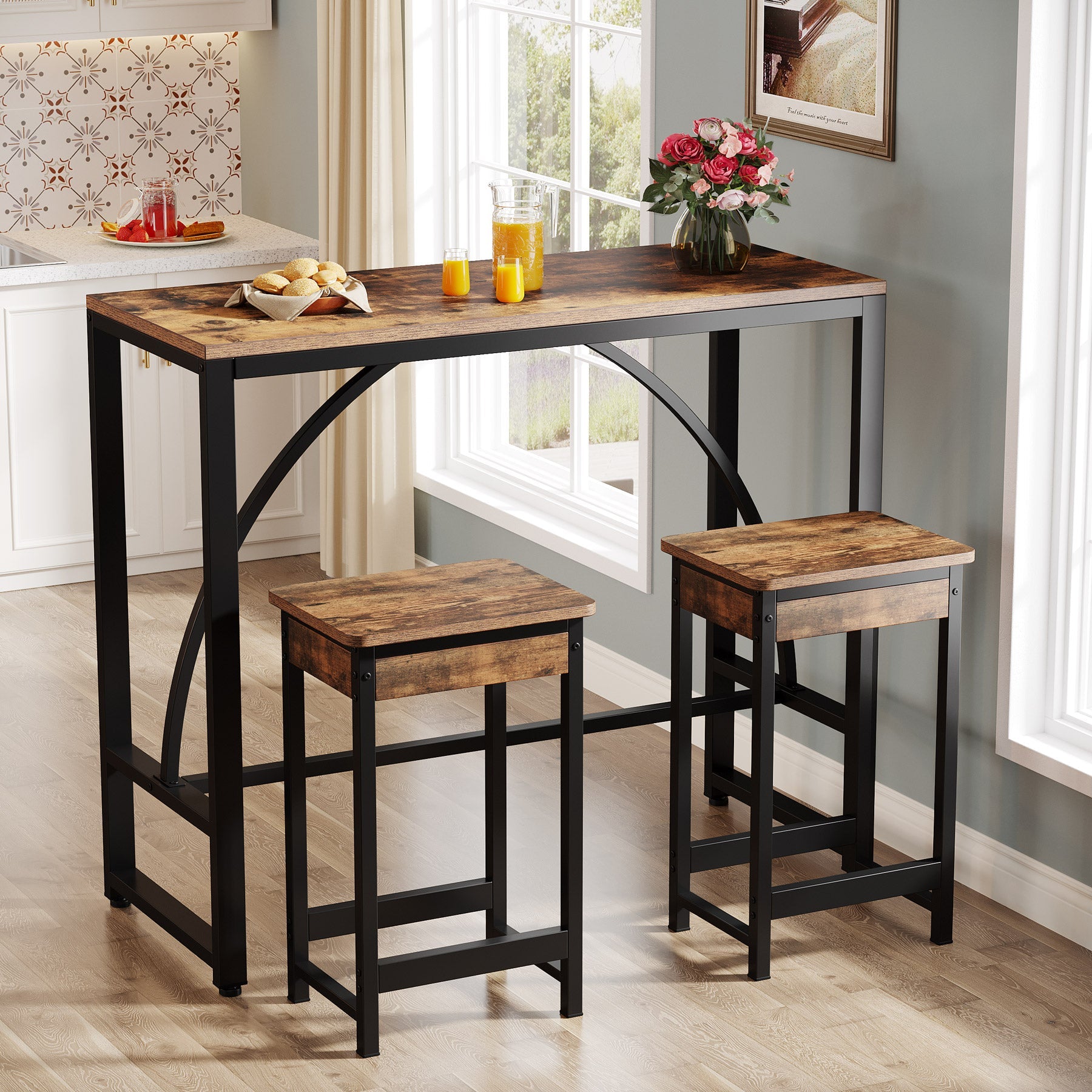3-Piece Bar Table Set, 43.7-Inch Dining Table with 2 Stools