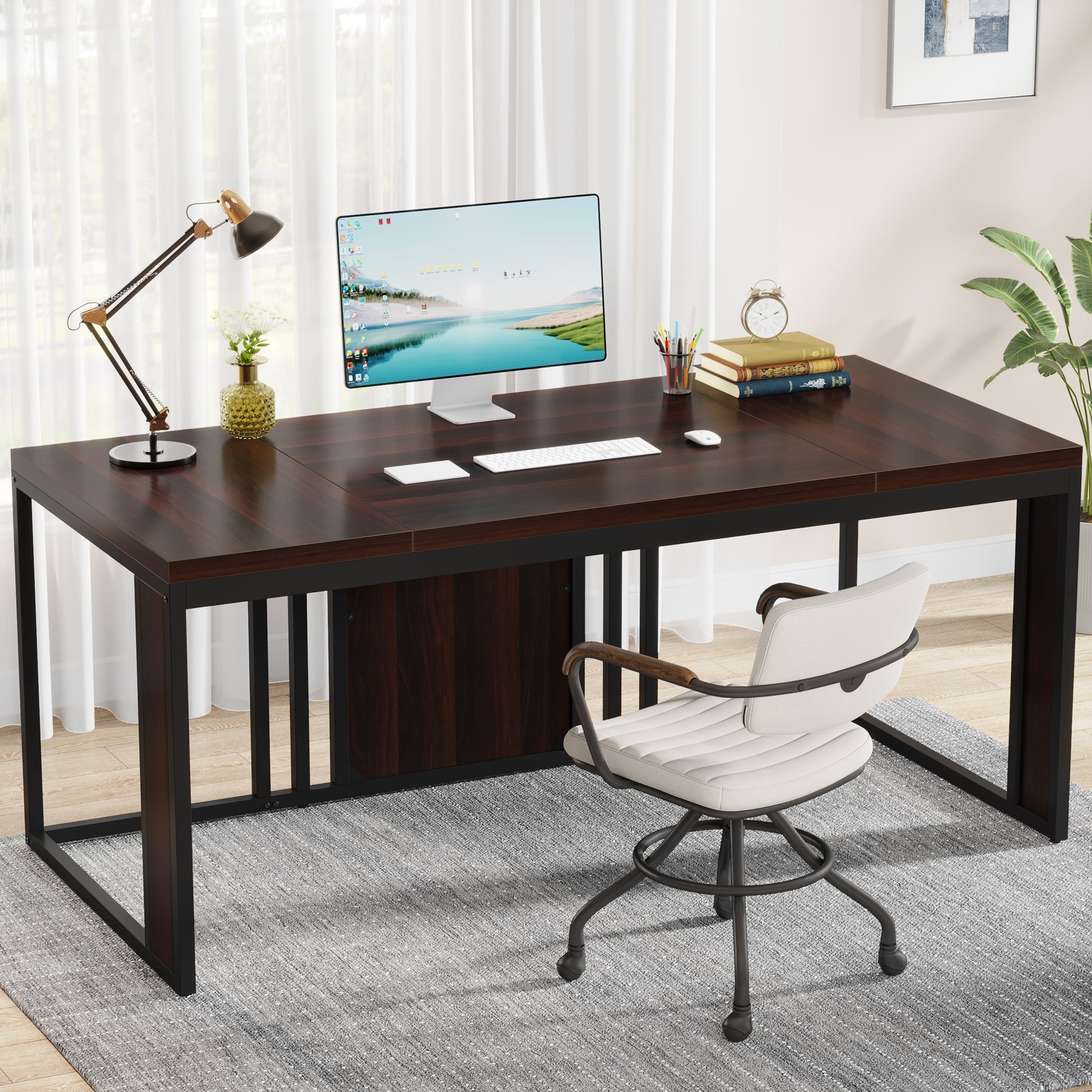 63-inch Executive Desk, Rectangular Computer Desk with Metal Frame