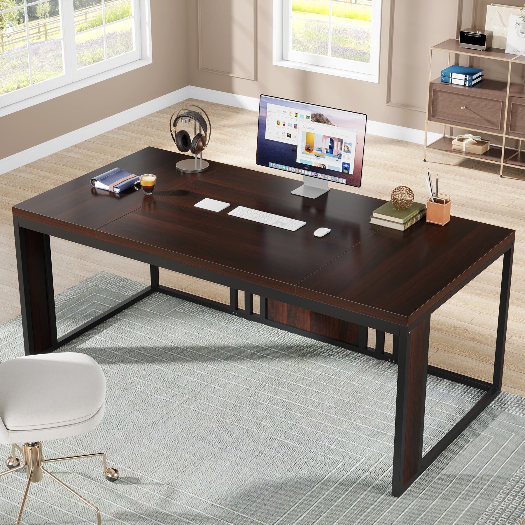 63-inch Executive Desk, Rectangular Computer Desk with Metal Frame