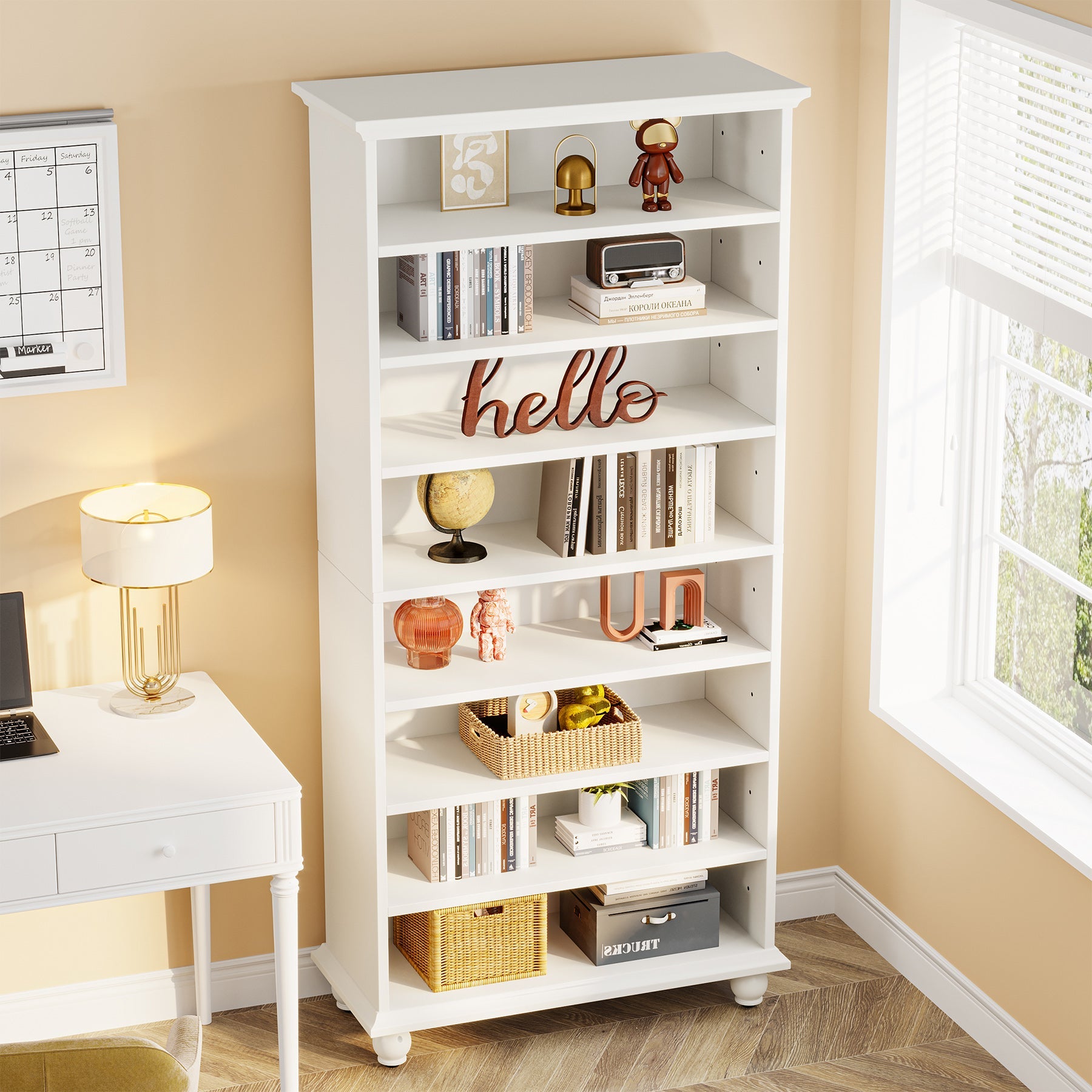 9-Tier Bookcase Wood Bookshelf with LED Lighting & Solid Wood Legs