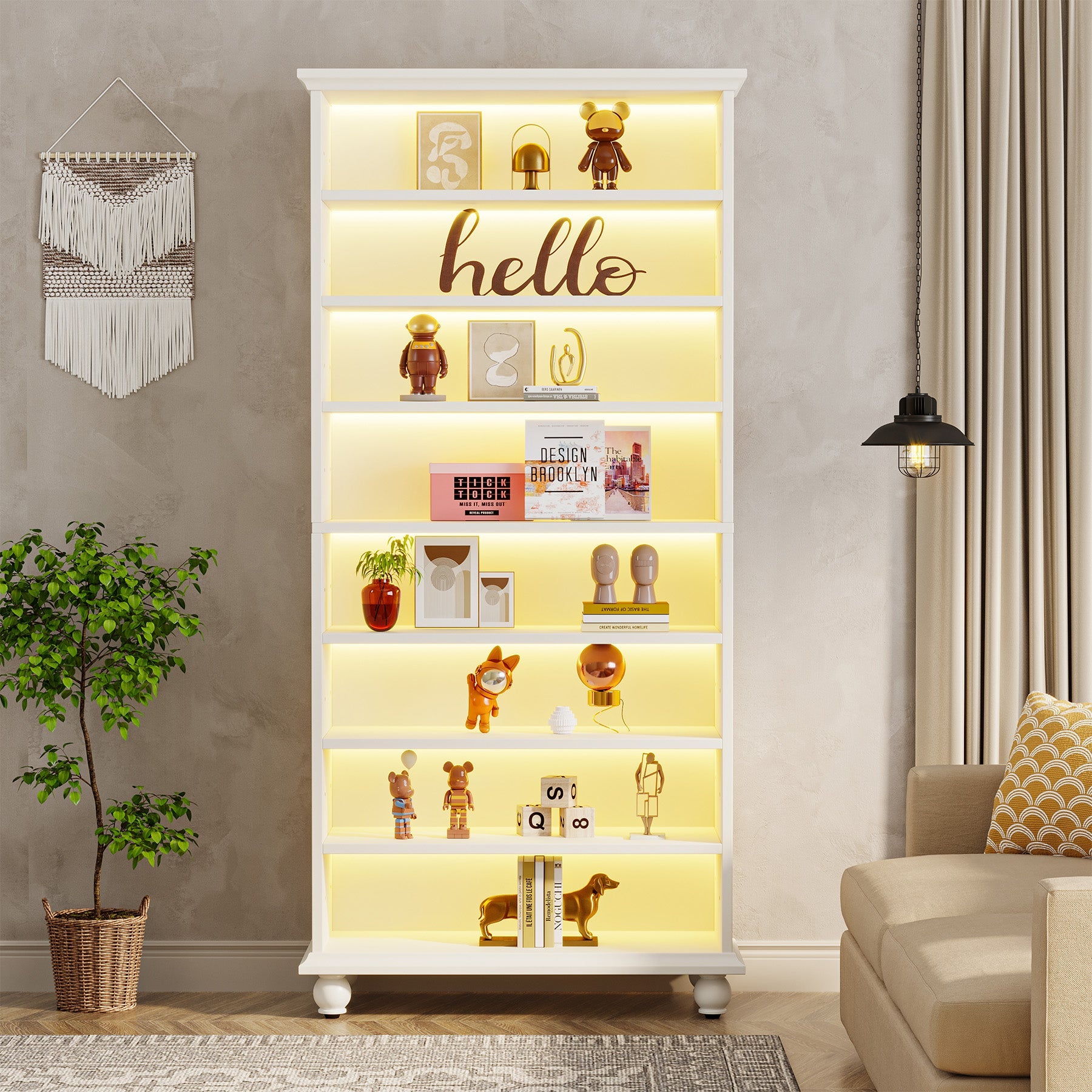 9-Tier Bookcase Wood Bookshelf with LED Lighting & Solid Wood Legs