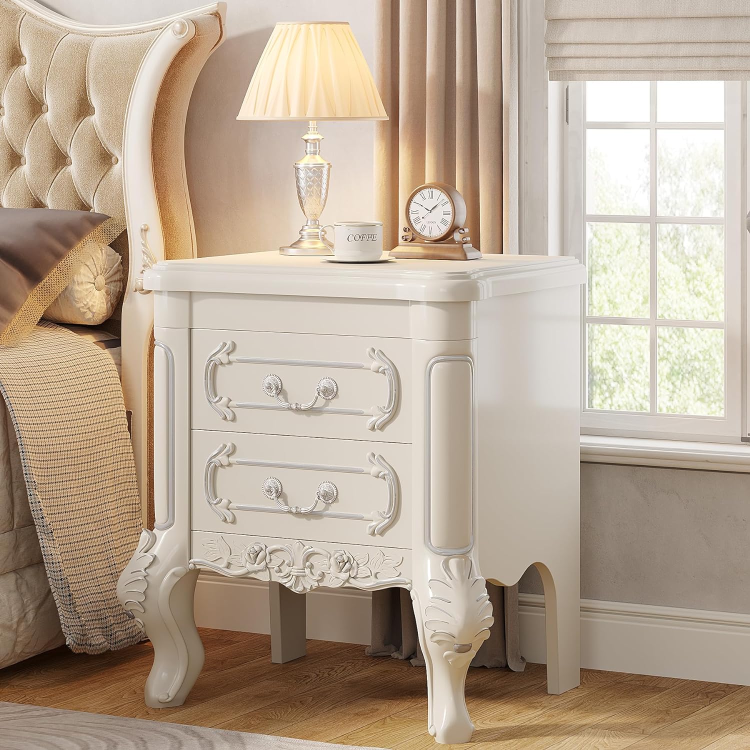 Carved Nightstand, White  Bedside Table End Table with 2 Drawers