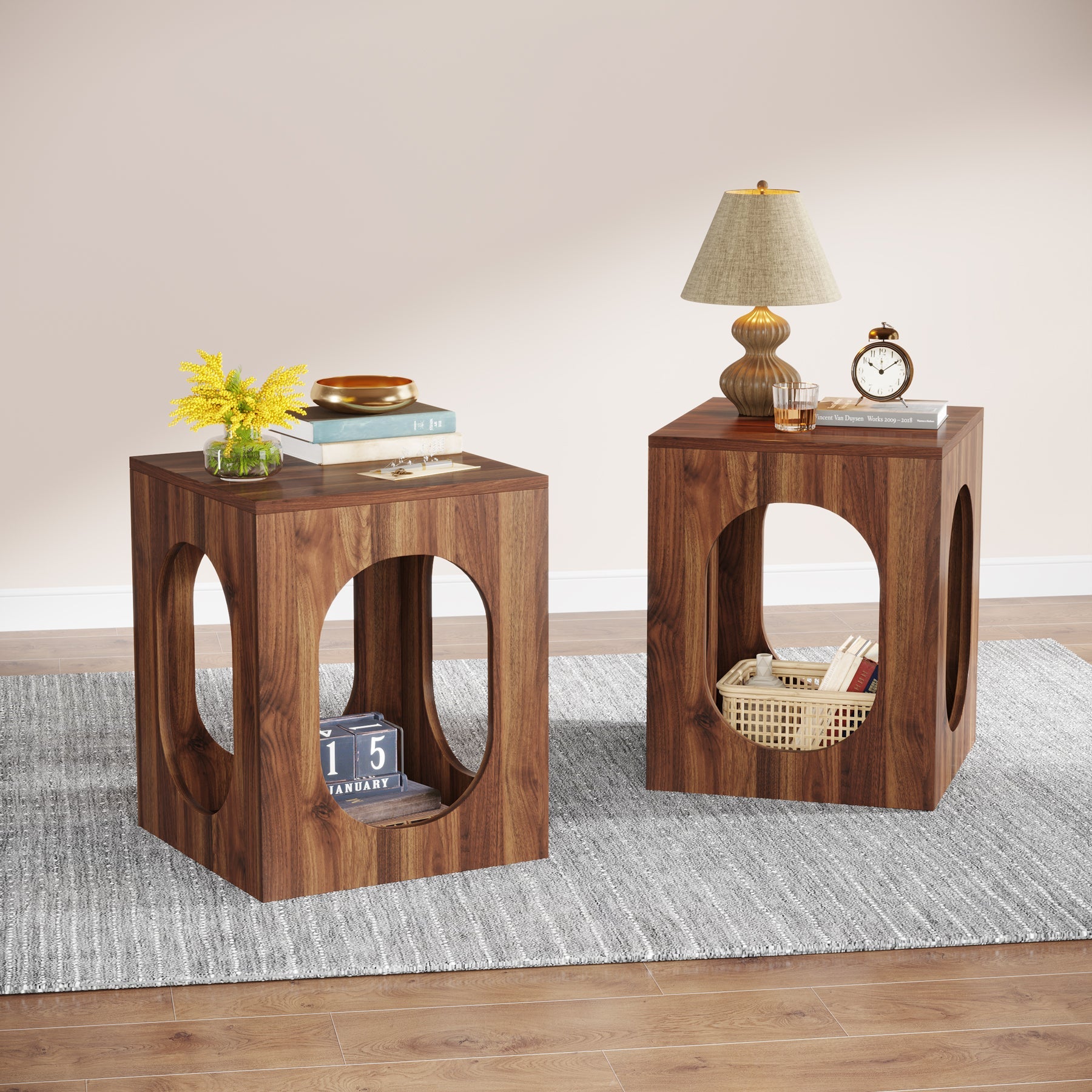Wood End Table, Square Side Table with 2-tier Storage Shelves