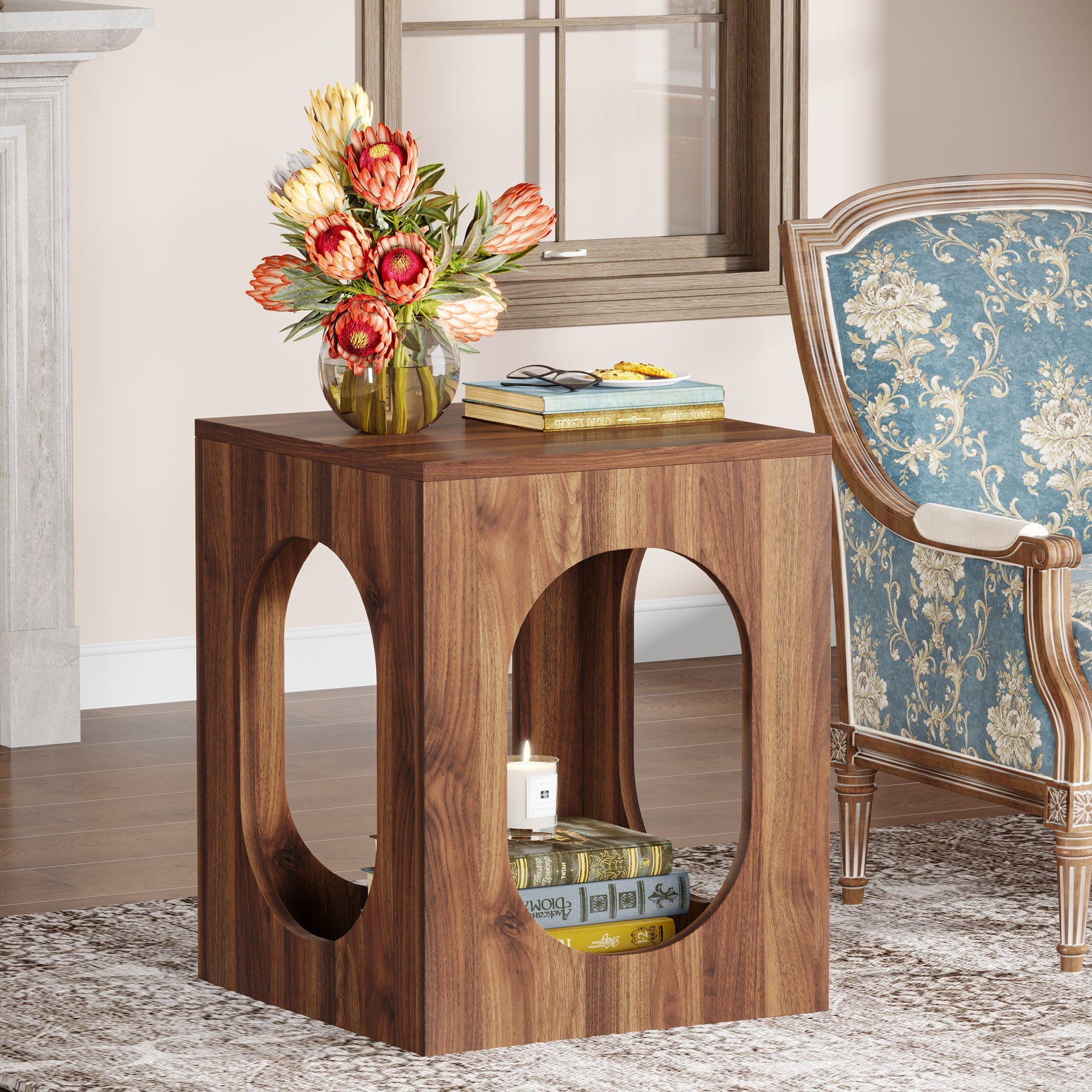 Wood End Table, Square Side Table with 2-tier Storage Shelves