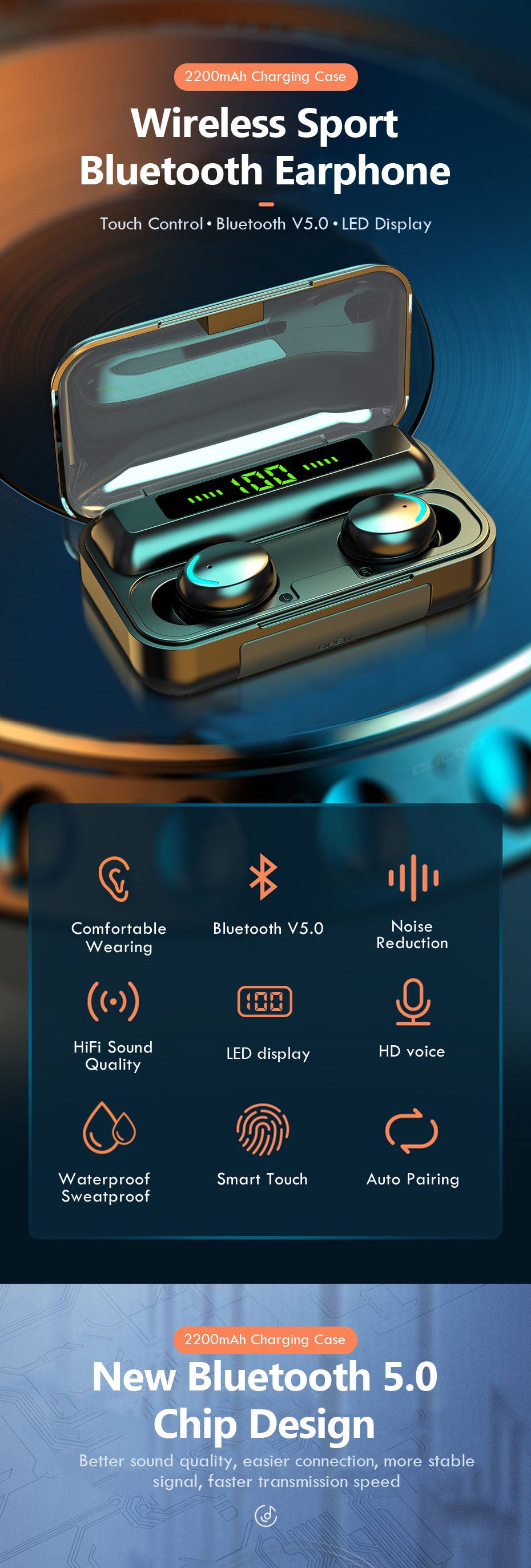 Bluetooth 5.0 Earphones 2200mAh Charging Box Wireless Headphone 9D Stereo Sports Waterproof Earbuds Headsets With Microphone