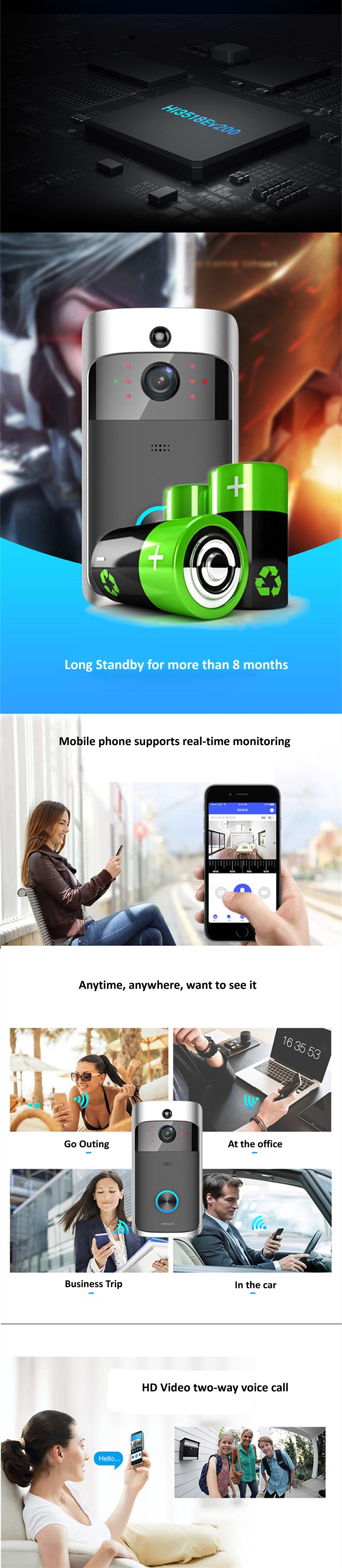 Smart Doorbell Camera Wifi Wireless Call Intercom Video-Eye for Apartments Door Bell Ring for Phone Home Security Cameras