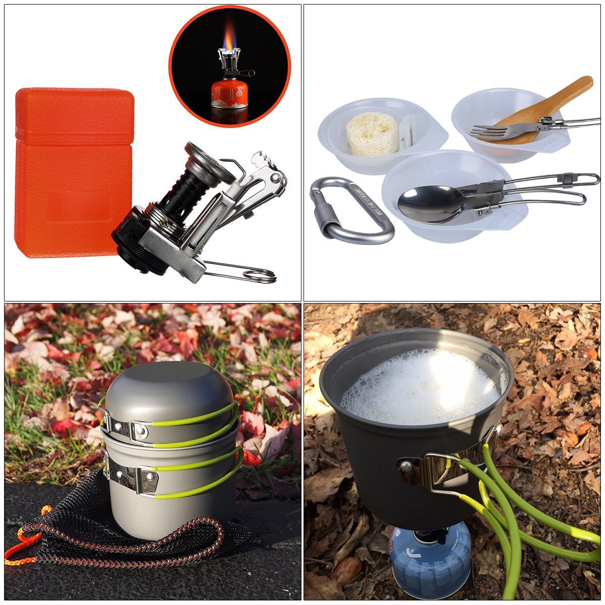 Outdoor Camping Cookware Backpacking Bowl Pot+ Mini Canister Stove Burner Foldable