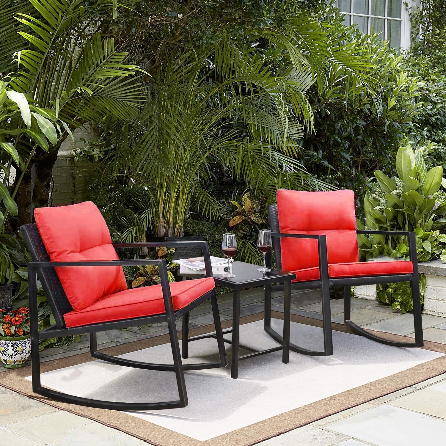 3 Piece Outdoor Patio Furniture Set Black Wicker Red Cushions Bistro Rocking Chairs Table