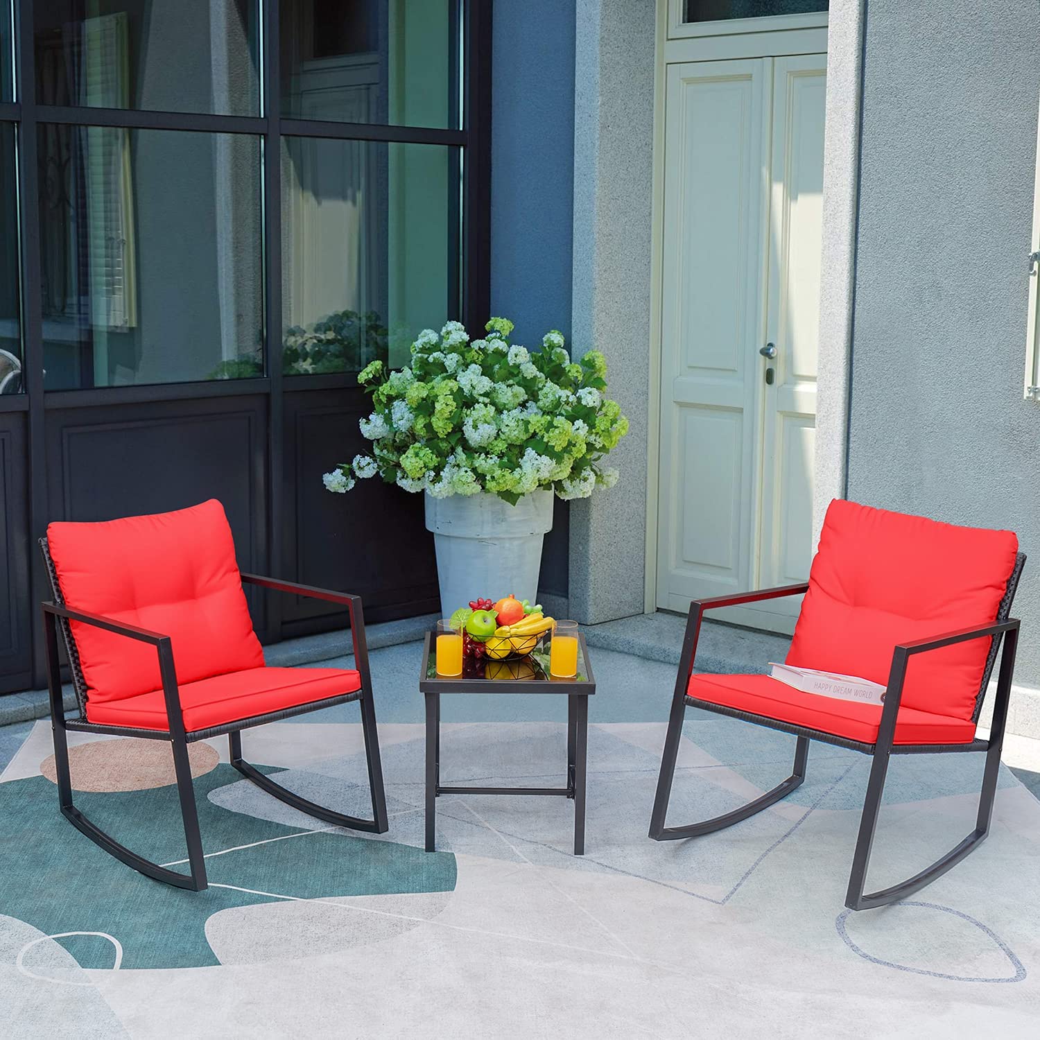 3 Piece Outdoor Patio Furniture Set Black Wicker Red Cushions Bistro Rocking Chairs Table