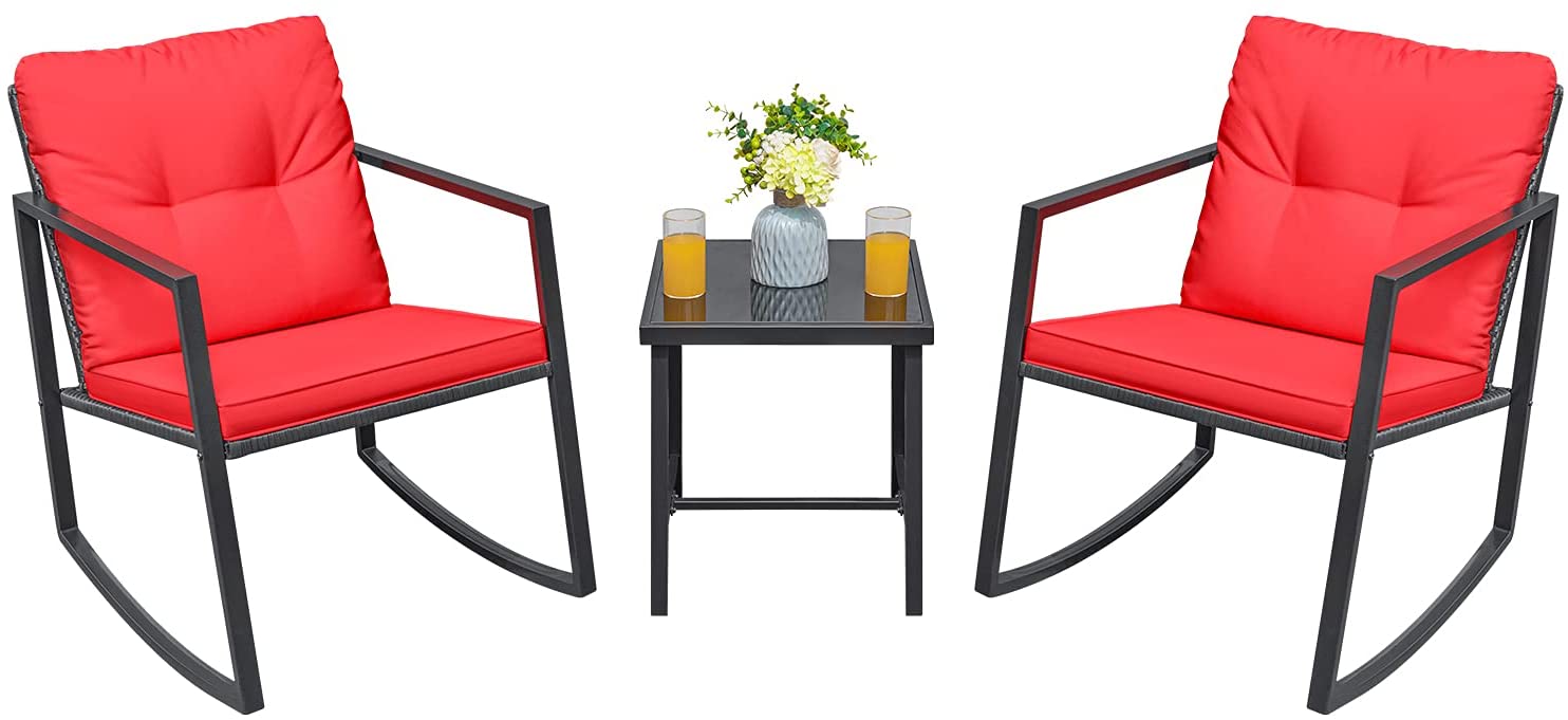 3 Piece Outdoor Patio Furniture Set Black Wicker Red Cushions Bistro Rocking Chairs Table