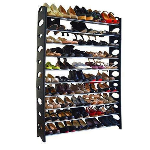 Spacious Shoe Rack with 10 Tiers for 50 Shoe Pairs, Shelf Closet Organizer, Free Standing Storage, Black