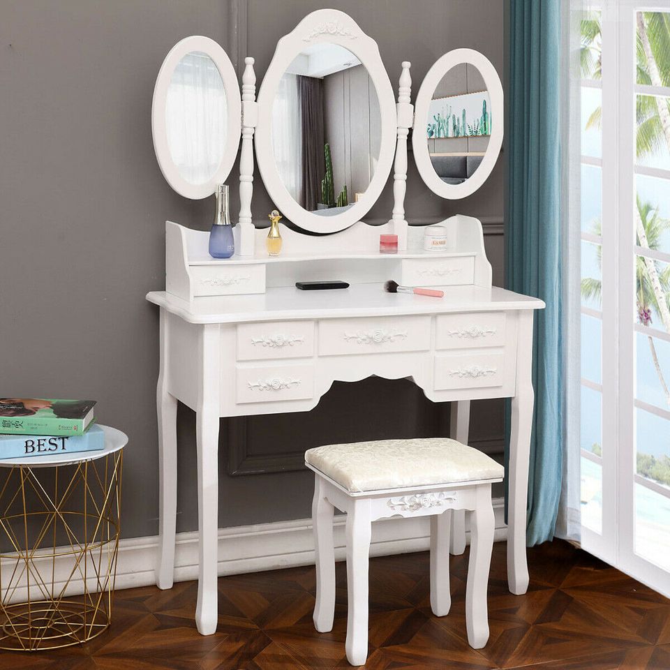 White Tri-Folding Mirror Vanity Set 7 Drawers Dressing Table Makeup Desk Stool