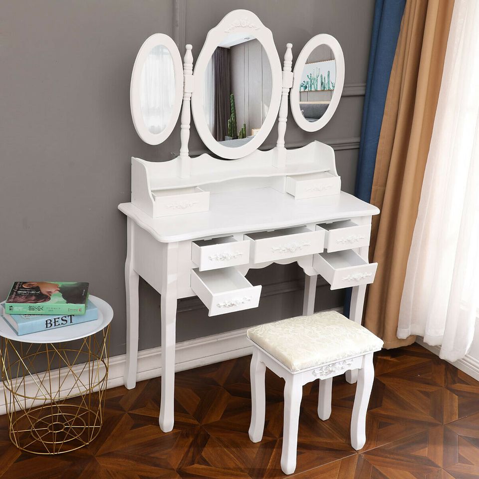 White Tri-Folding Mirror Vanity Set 7 Drawers Dressing Table Makeup Desk Stool