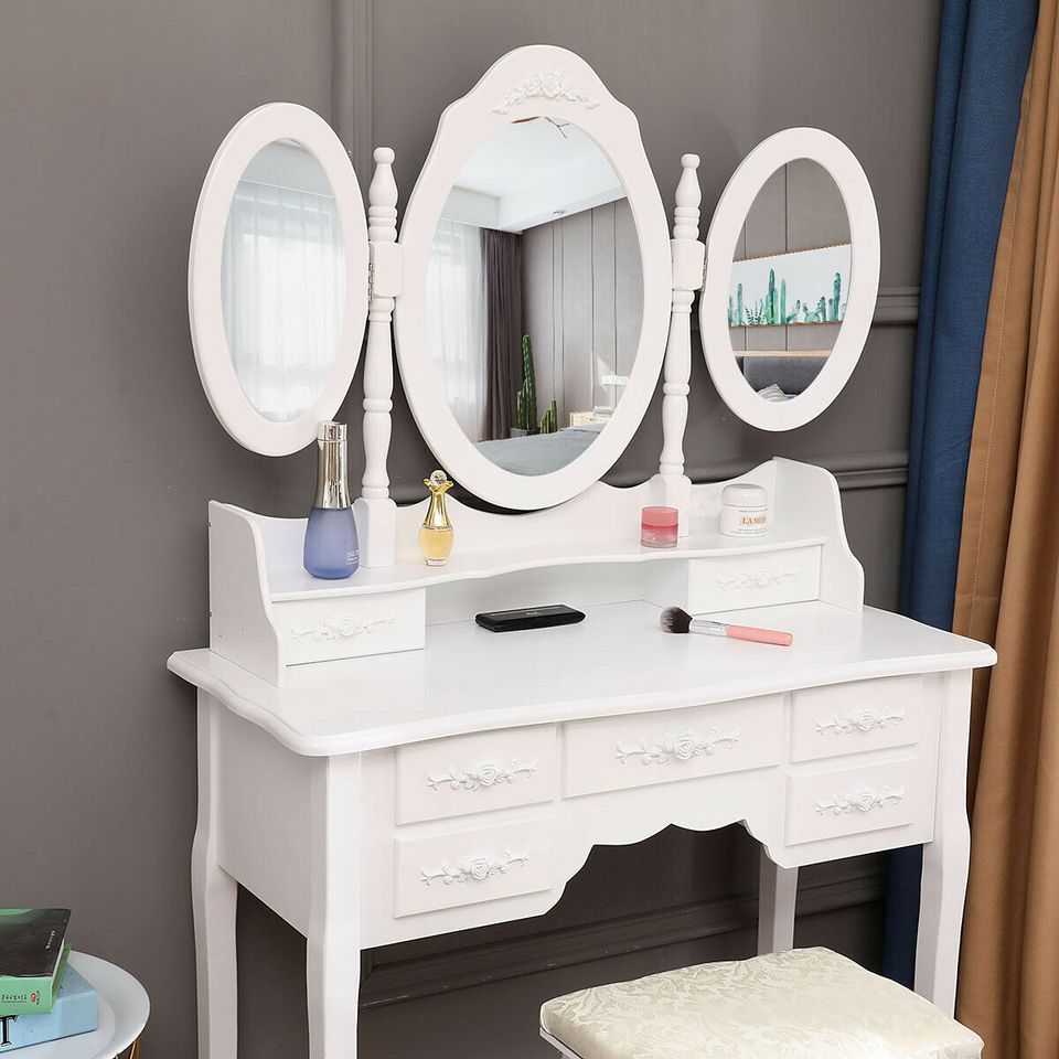 White Tri-Folding Mirror Vanity Set 7 Drawers Dressing Table Makeup Desk Stool